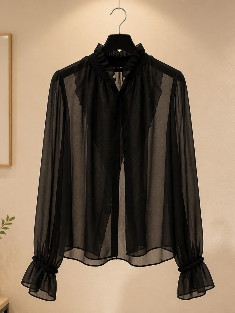 LJC Collection Black Sheer Ruffle Tie-Neck Blouse - Picture 2 of 3